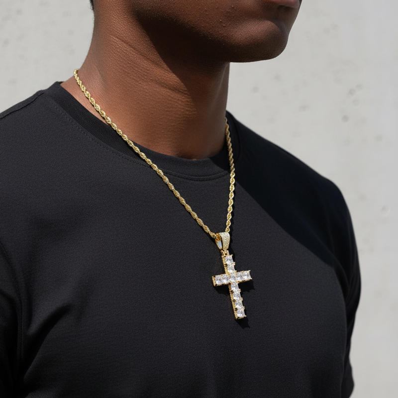 Iced Out Princess Cut Cross Pendant In Gold Silver With Street Luxury Shine - Image 4