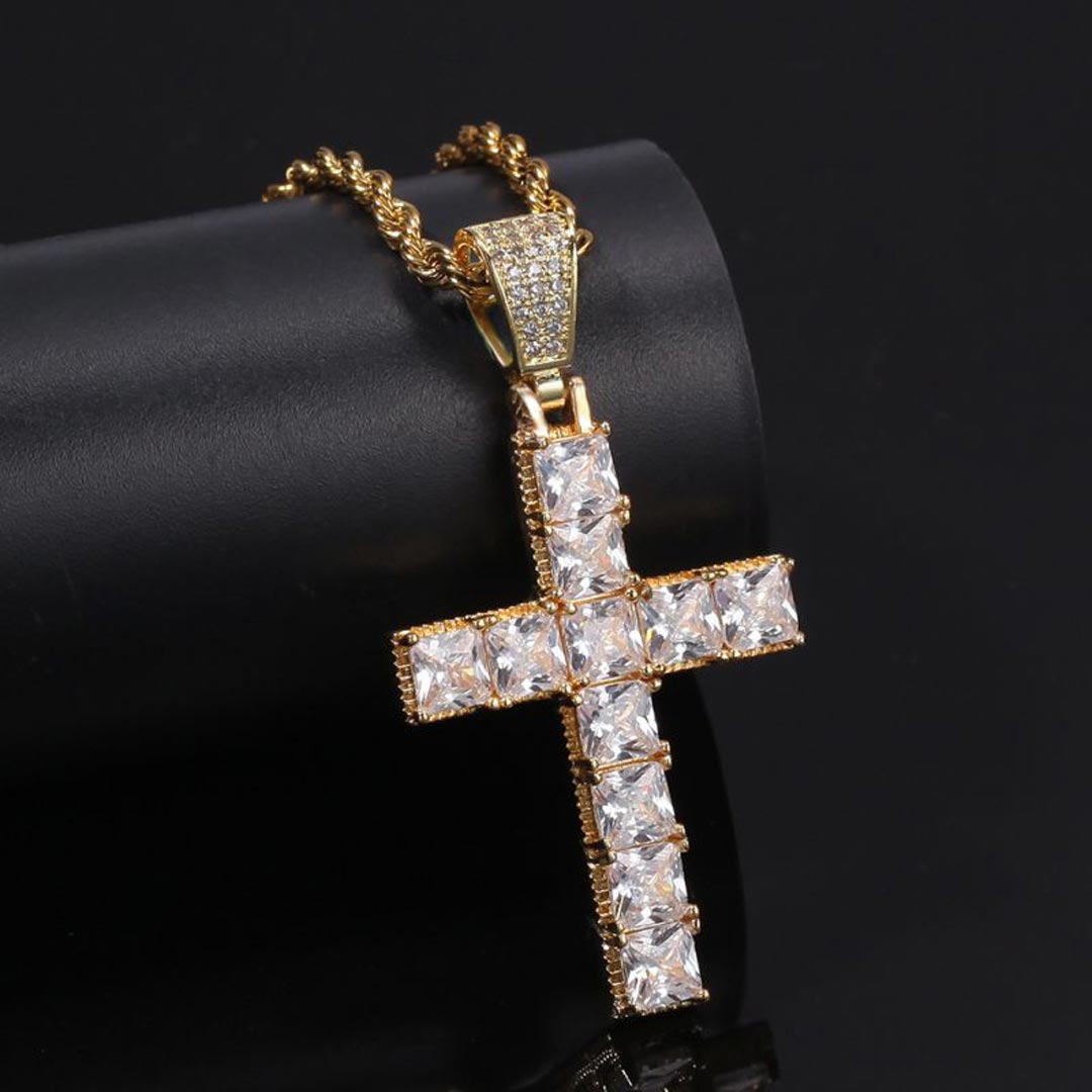 Iced Out Princess Cut Cross Pendant In Gold Silver With Street Luxury Shine