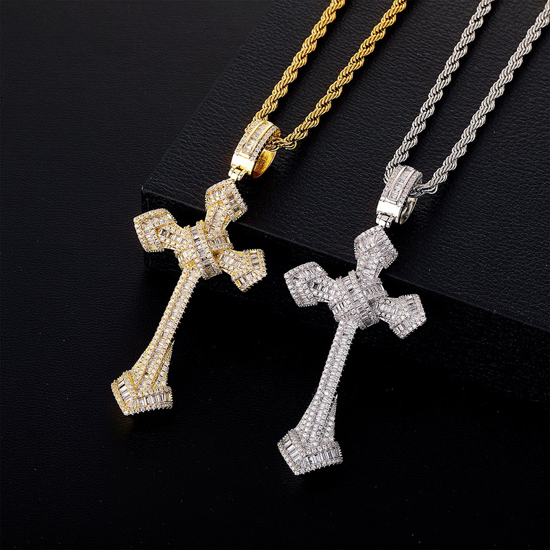 Iced Out Baguette Diamond Cross Pendant Gold With Street Luxury Shine - Image 4