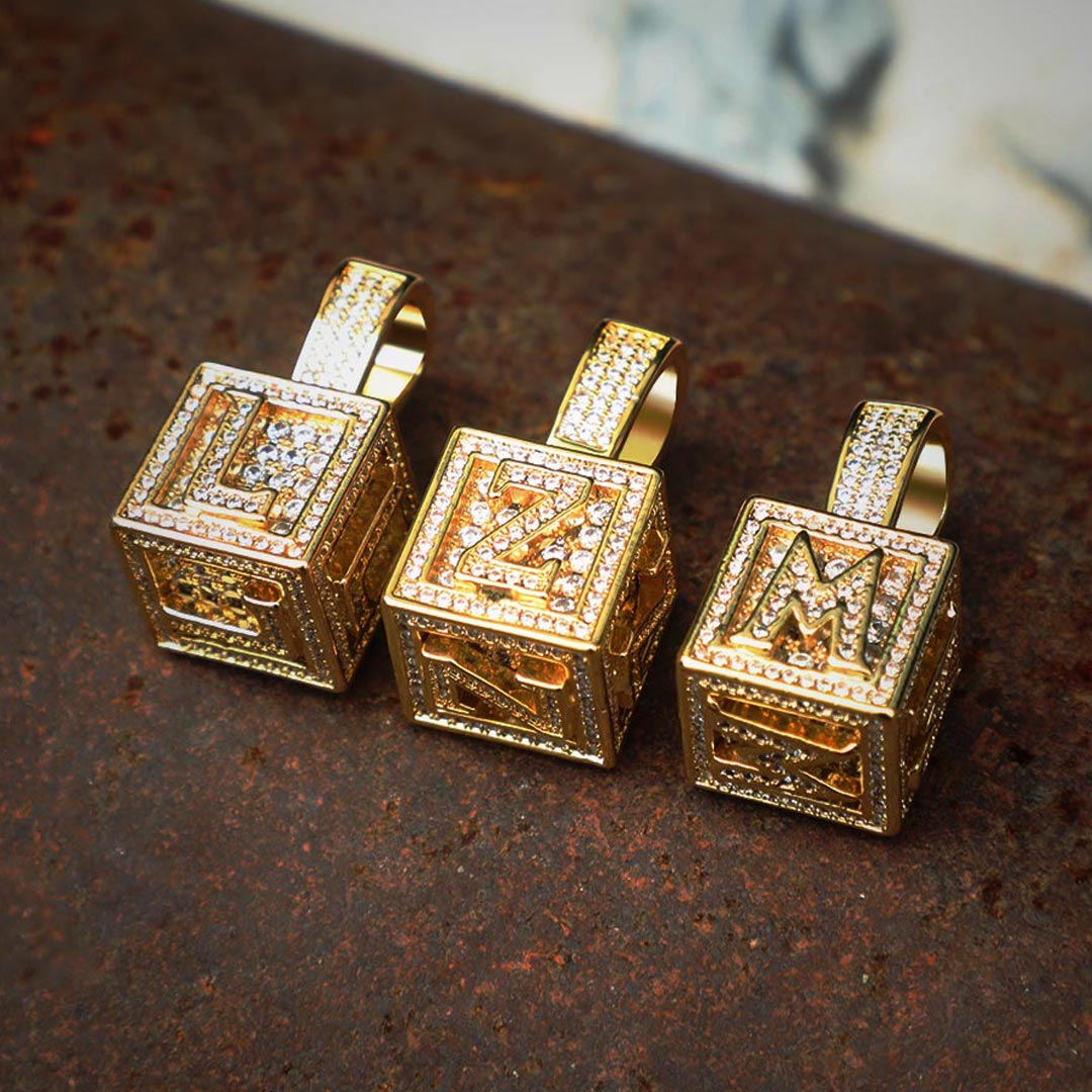 Iced Out Cube A To Z Letter Pendant In Gold With Street Luxury Shine - Image 3