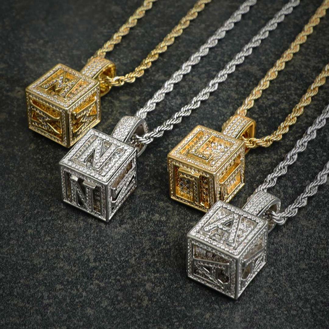 Iced Out Cube A To Z Letter Pendant In Gold With Street Luxury Shine - Image 4
