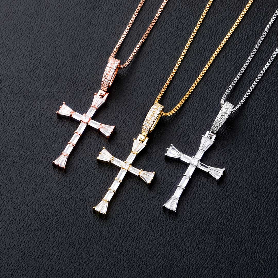 Iced Out Baguette Diamonds Cross Pendant With 4mm 18 Tennis Chain Gold - Image 4