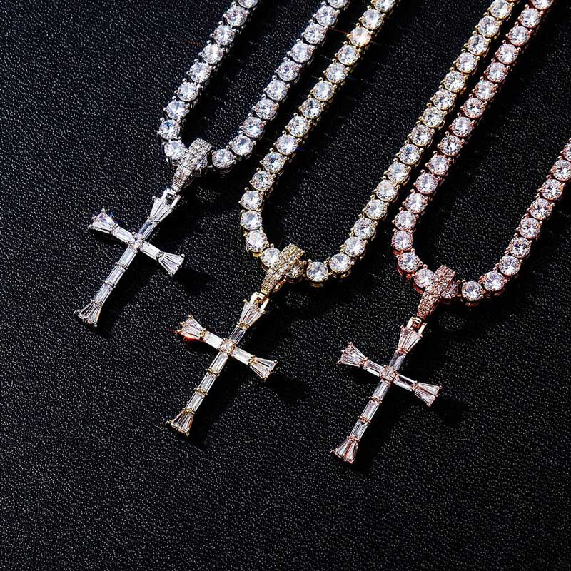 Iced Out Baguette Diamonds Cross Pendant With 4mm 18 Tennis Chain Gold