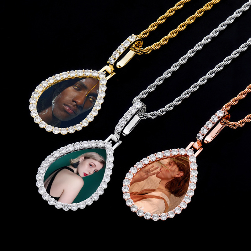 Iced Out Custom Drip Shaped Photo Pendant In White Gold With Gold Shine - Image 3