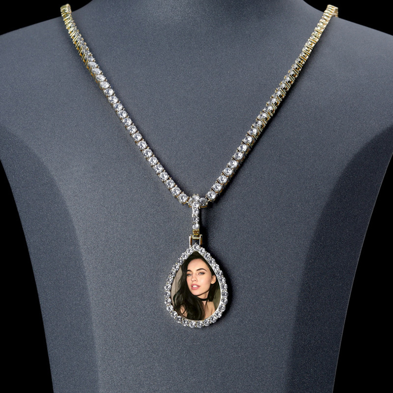 Iced Out Custom Drip Shaped Photo Pendant In White Gold With Gold Shine - Image 4