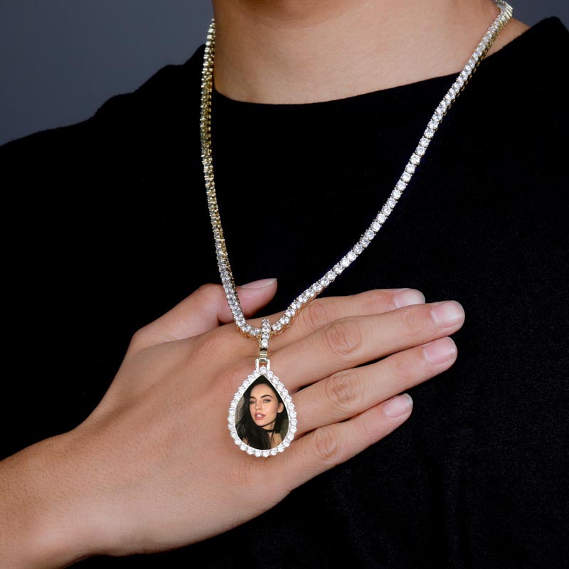 Iced Out Custom Drip Shaped Photo Pendant In White Gold With Gold Shine - Image 5