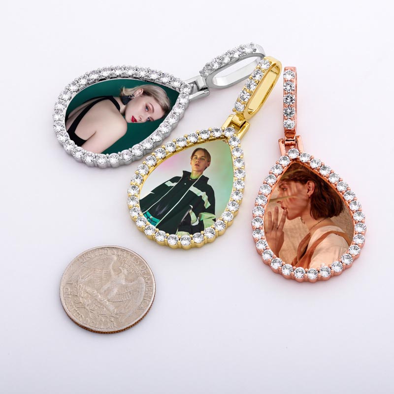 Iced Out Custom Drip Shaped Photo Pendant In White Gold With Gold Shine - Image 7