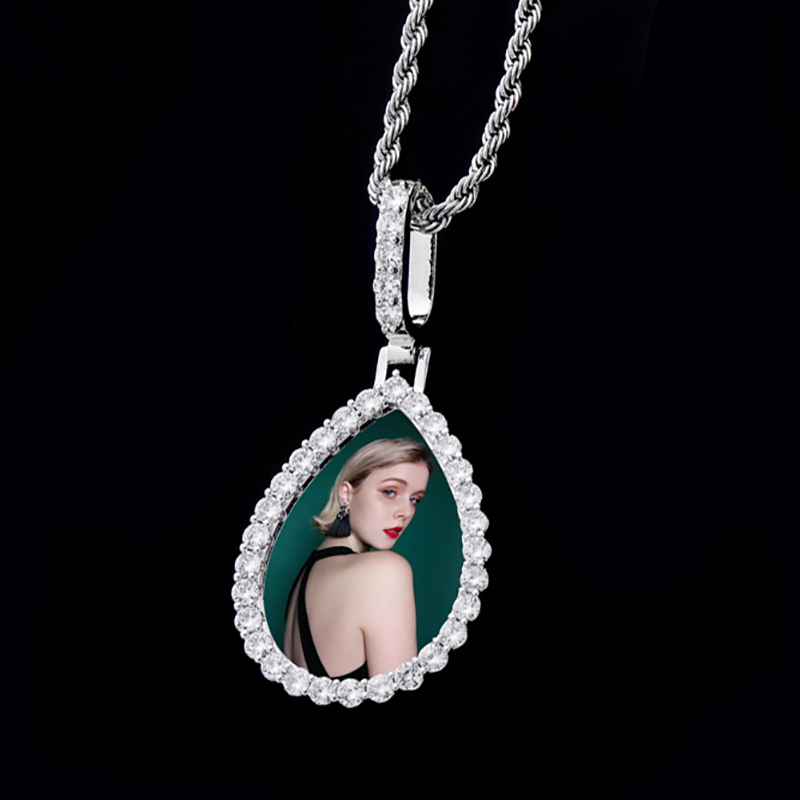 Iced Out Custom Drip Shaped Photo Pendant In White Gold With Gold Shine