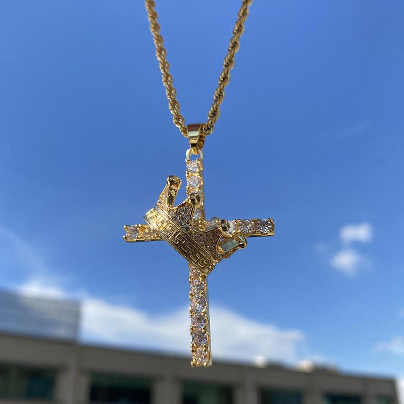 Diamond Cross King Crown Pendant In Gold Iced Out Shine With Street Luxury