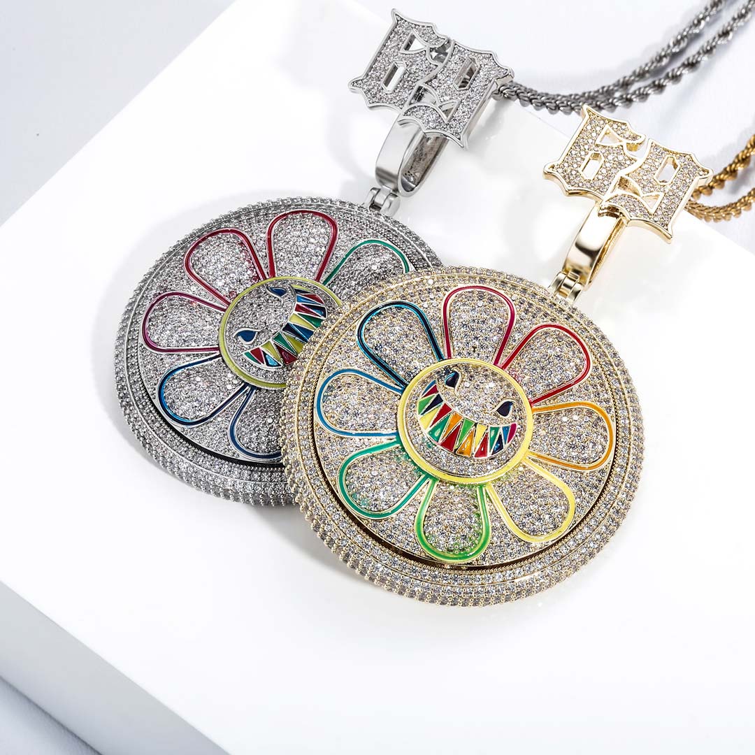 Iced Out Rotating Smile Sunflower Pendant Gold With Street Luxury Shine - Image 4