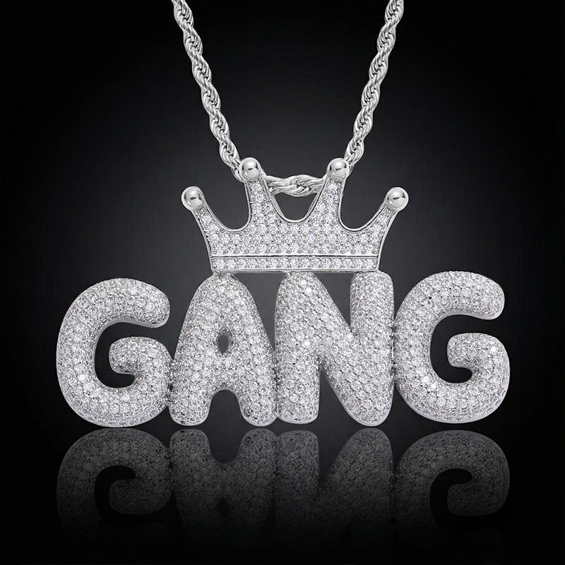 Custom Crown Bubble Letter Pendant In White Gold With Street Luxury Shine - Image 8