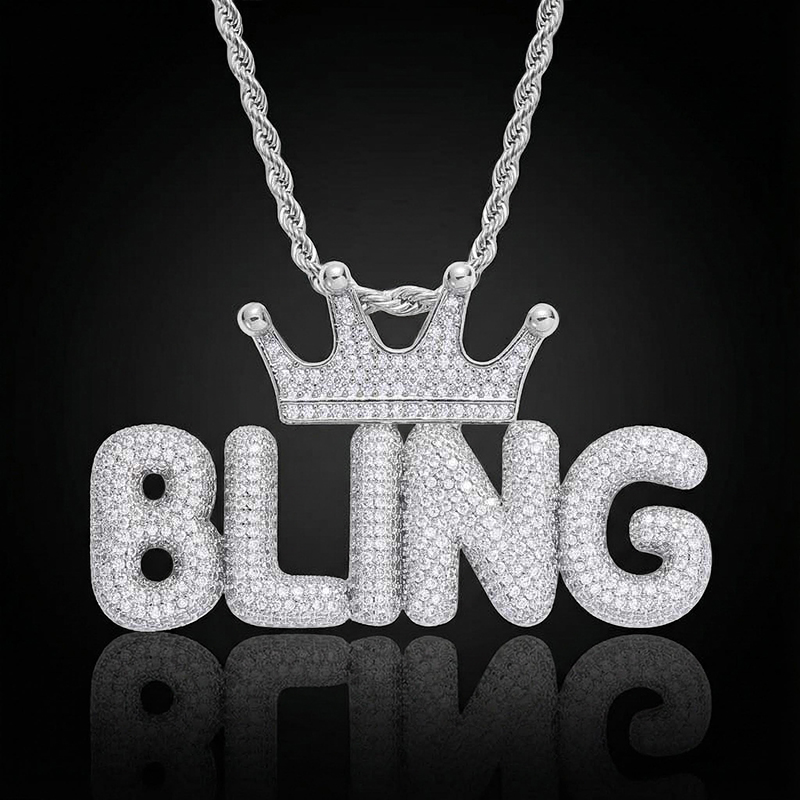 Custom Crown Bubble Letter Pendant In White Gold With Street Luxury Shine - Image 9