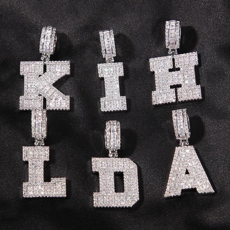Baguette A To Z Initials Letters Pendants In White Gold Moissanite
