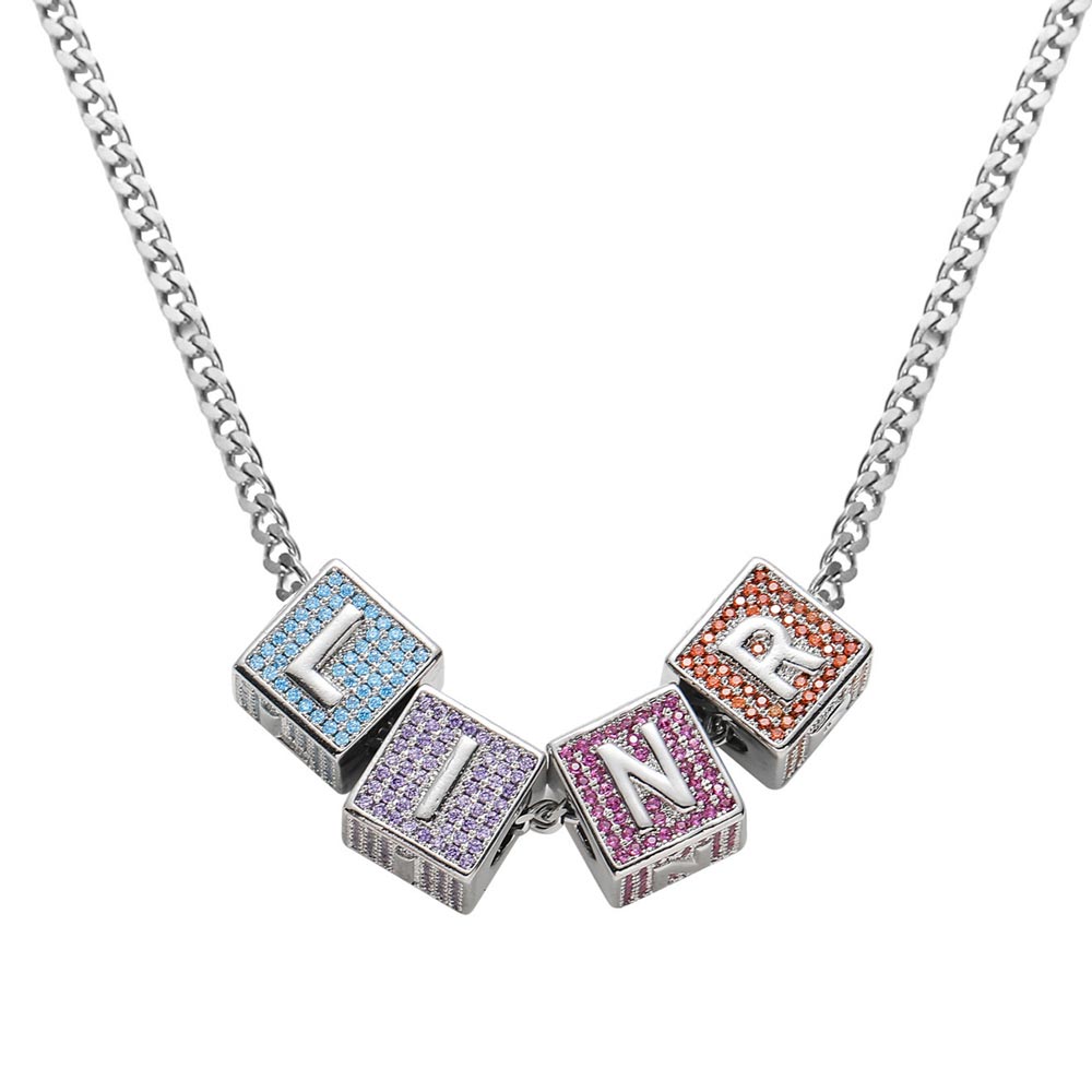 Custom 26 Multicolor Dice Cube Letters Necklace In White Gold Pendant