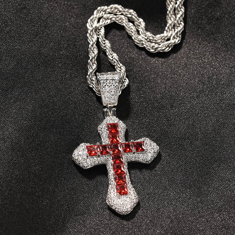 Iced Out Blue/red Princess Cut Cross Pendant In White Gold With Gold Shine - Image 3