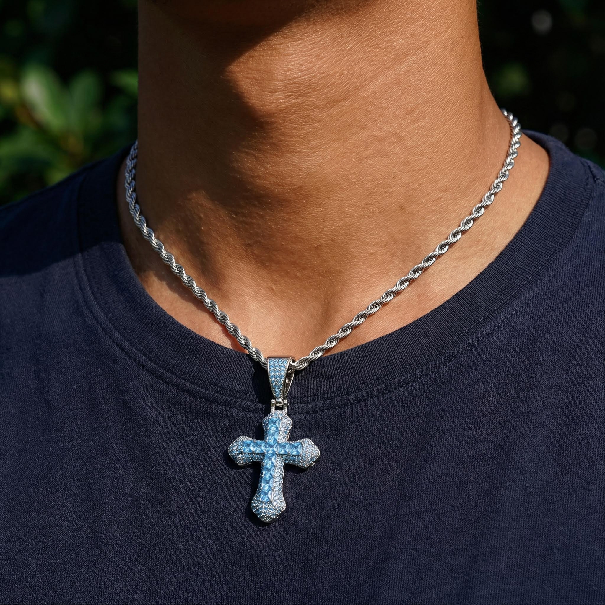 Iced Out Blue/red Princess Cut Cross Pendant In White Gold With Gold Shine - Image 4