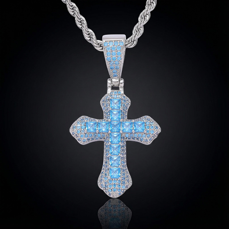 Iced Out Blue/red Princess Cut Cross Pendant In White Gold With Gold Shine - Image 5