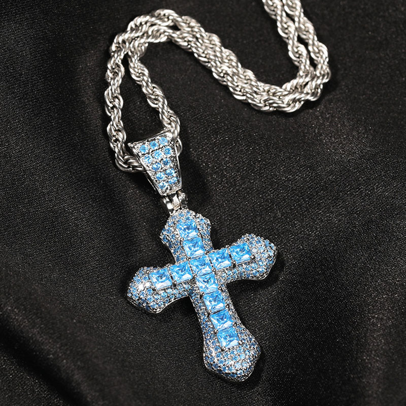 Iced Out Blue/red Princess Cut Cross Pendant In White Gold With Gold Shine - Image 6