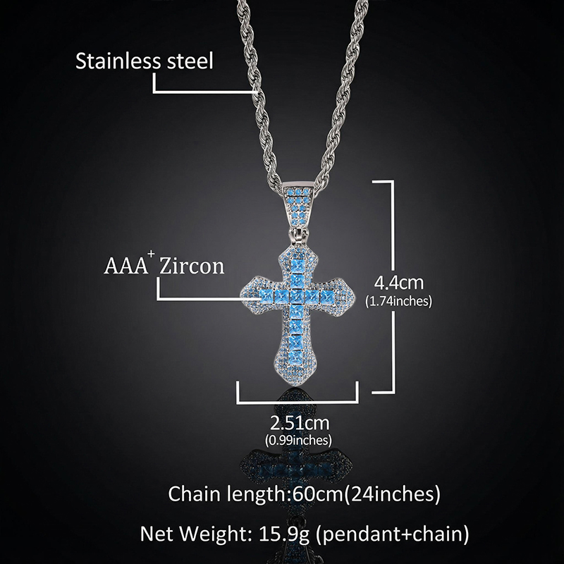 Iced Out Blue/red Princess Cut Cross Pendant In White Gold With Gold Shine - Image 7