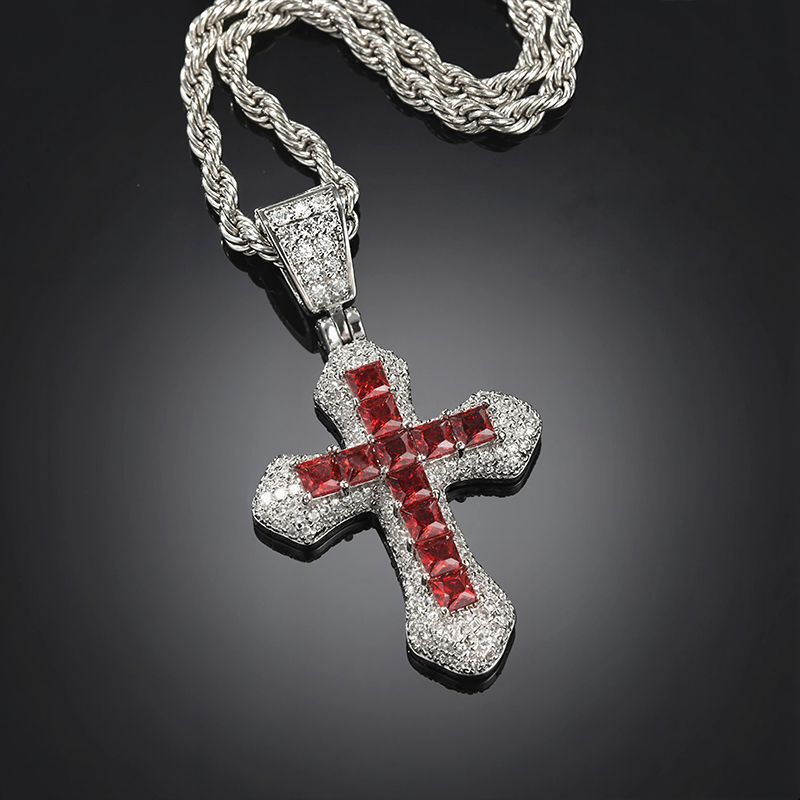 Iced Out Blue/red Princess Cut Cross Pendant In White Gold With Gold Shine - Image 8