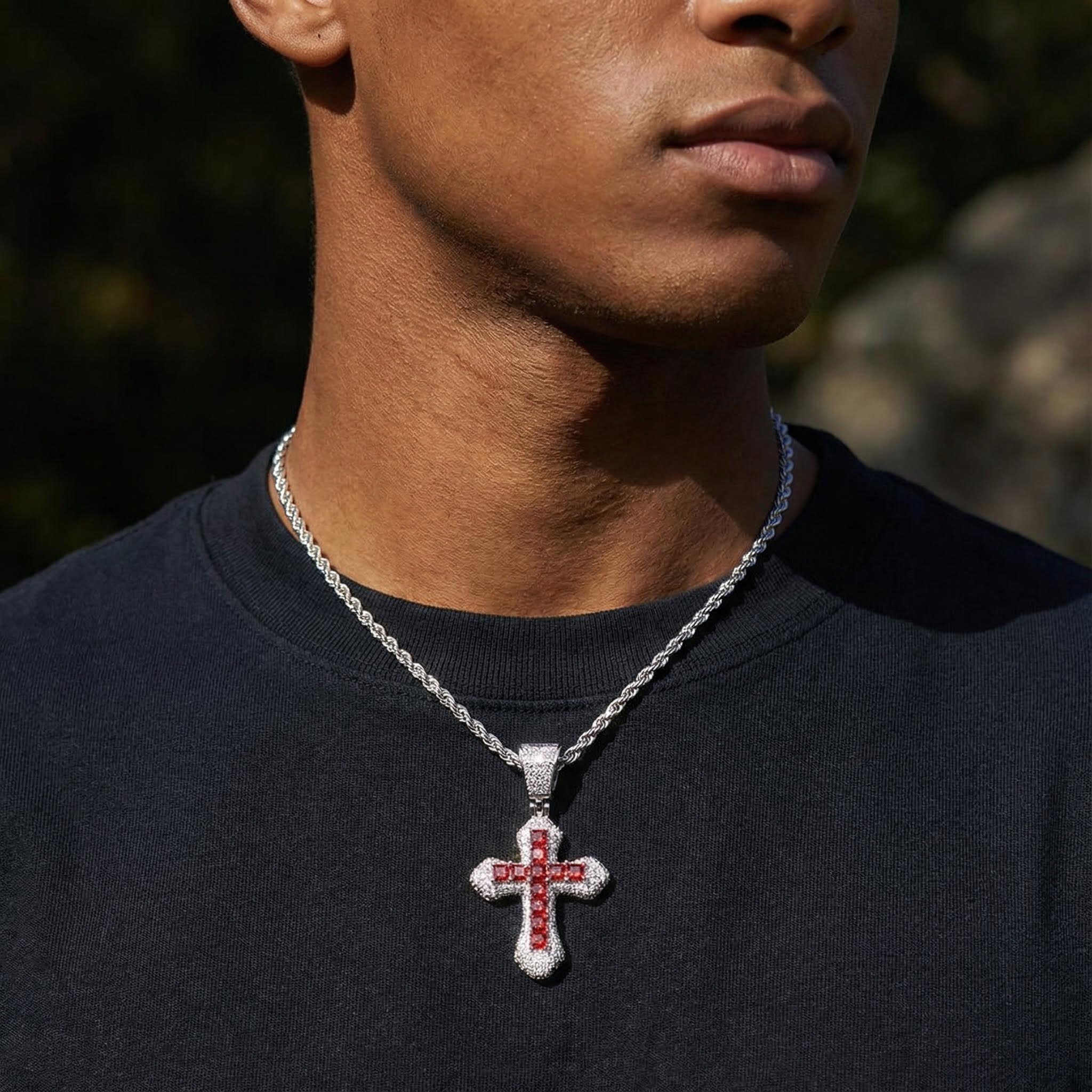Iced Out Blue/red Princess Cut Cross Pendant In White Gold With Gold Shine - Image 9