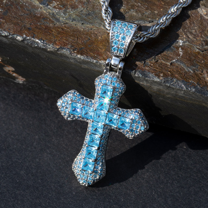 Iced Out Blue/red Princess Cut Cross Pendant In White Gold With Gold Shine