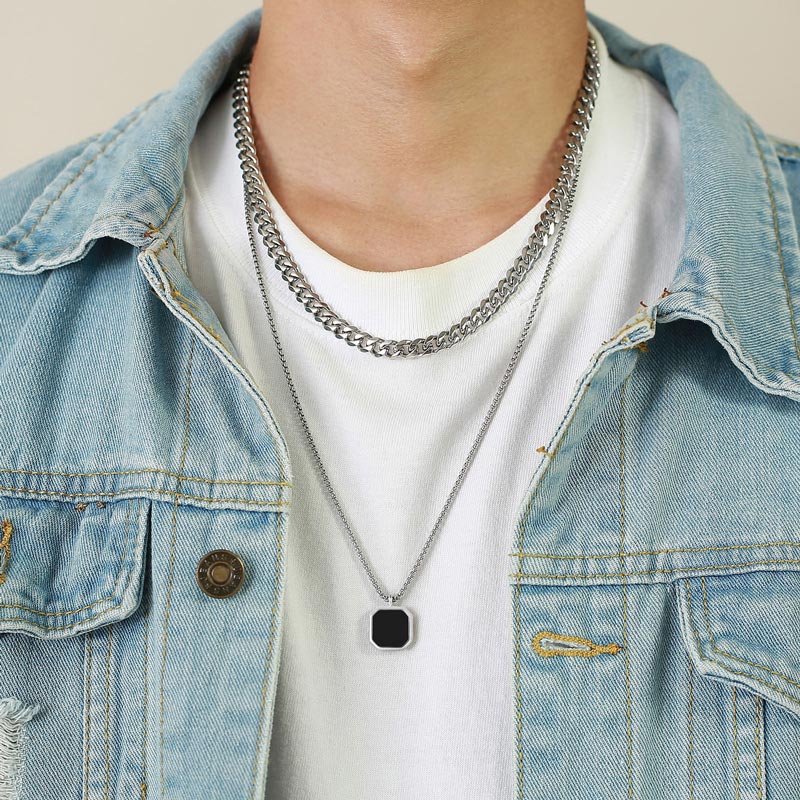 Square Black Enamel Stainless Steel Pendant Silver With Street Luxury Shine - Image 3