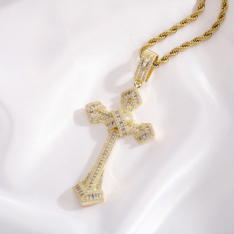 Iced Out Baguette Cut Cross Pendant In Gold With Street Luxury Shine - Image 4