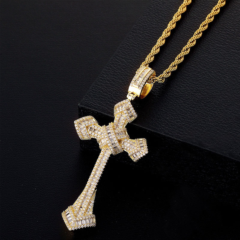 Iced Out Baguette Cut Cross Pendant In Gold With Street Luxury Shine