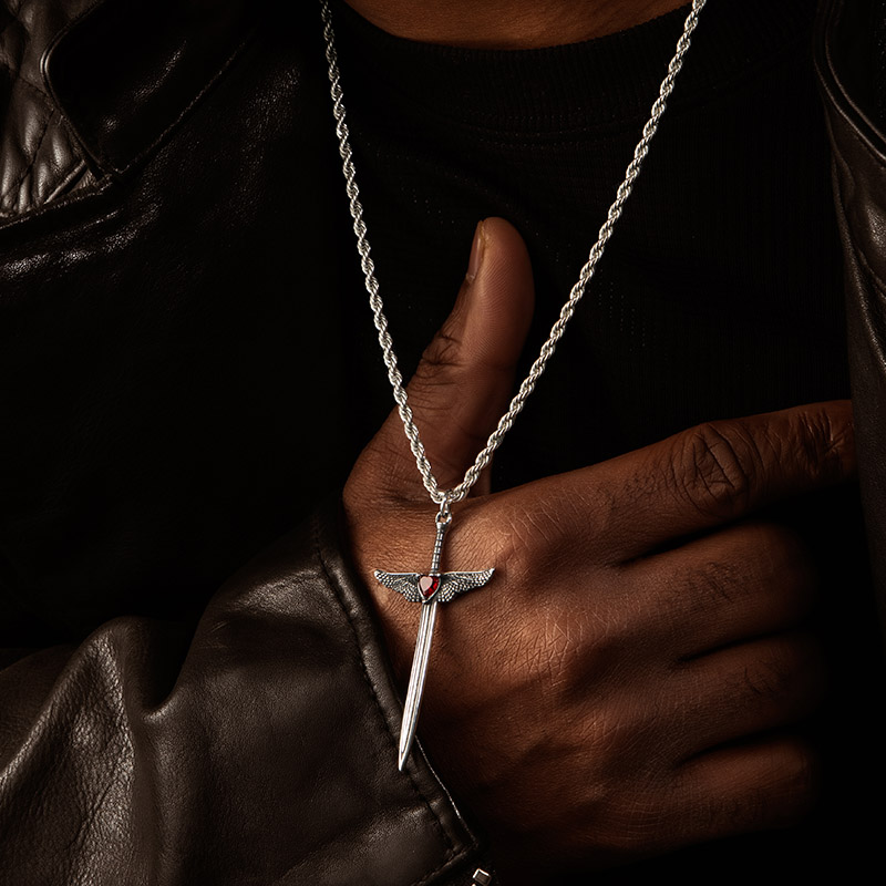 Ruby Heart Angel Wings Sword Pendant Silver With Street Luxury Shine - Image 3