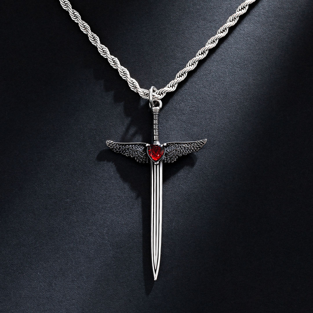 Ruby Heart Angel Wings Sword Pendant Silver With Street Luxury Shine - Image 4