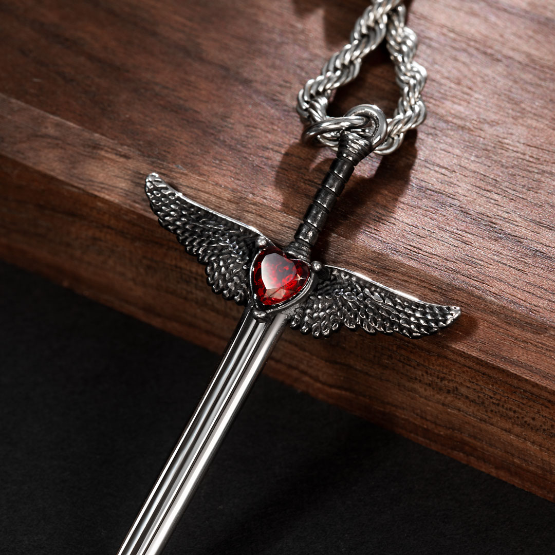 Ruby Heart Angel Wings Sword Pendant Silver With Street Luxury Shine - Image 5