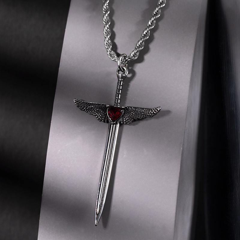 Ruby Heart Angel Wings Sword Pendant Silver With Street Luxury Shine - Image 6