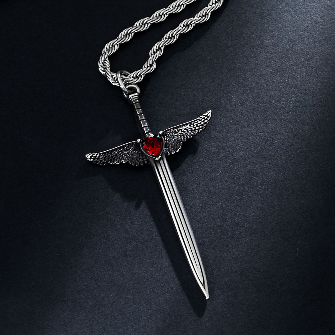 Ruby Heart Angel Wings Sword Pendant Silver With Street Luxury Shine