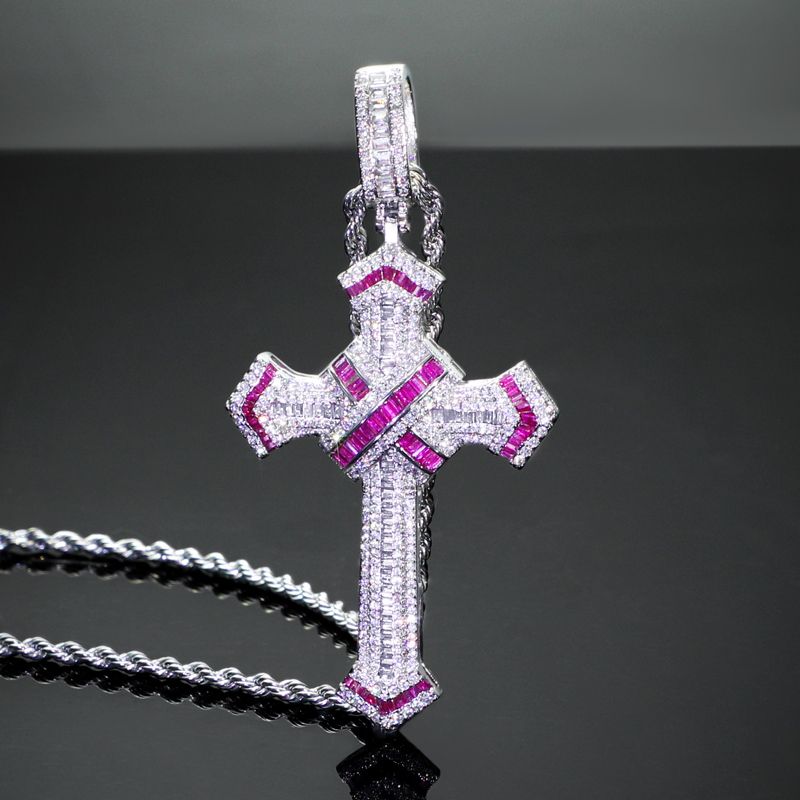 Iced Out Baguette Cut Cross Pendant In White Gold-emerald/blue/red/white - Image 3
