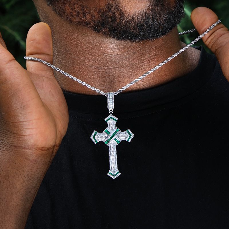 Iced Out Baguette Cut Cross Pendant In White Gold-emerald/blue/red/white - Image 5