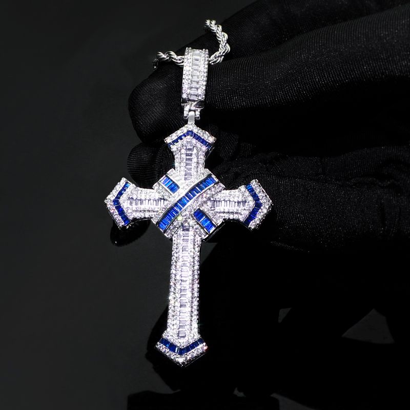 Iced Out Baguette Cut Cross Pendant In White Gold-emerald/blue/red/white - Image 6