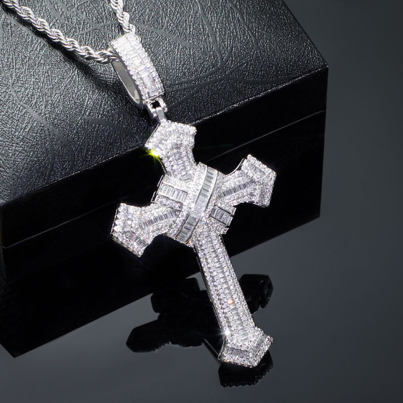 Iced Out Baguette Cut Cross Pendant In White Gold-emerald/blue/red/white - Image 7