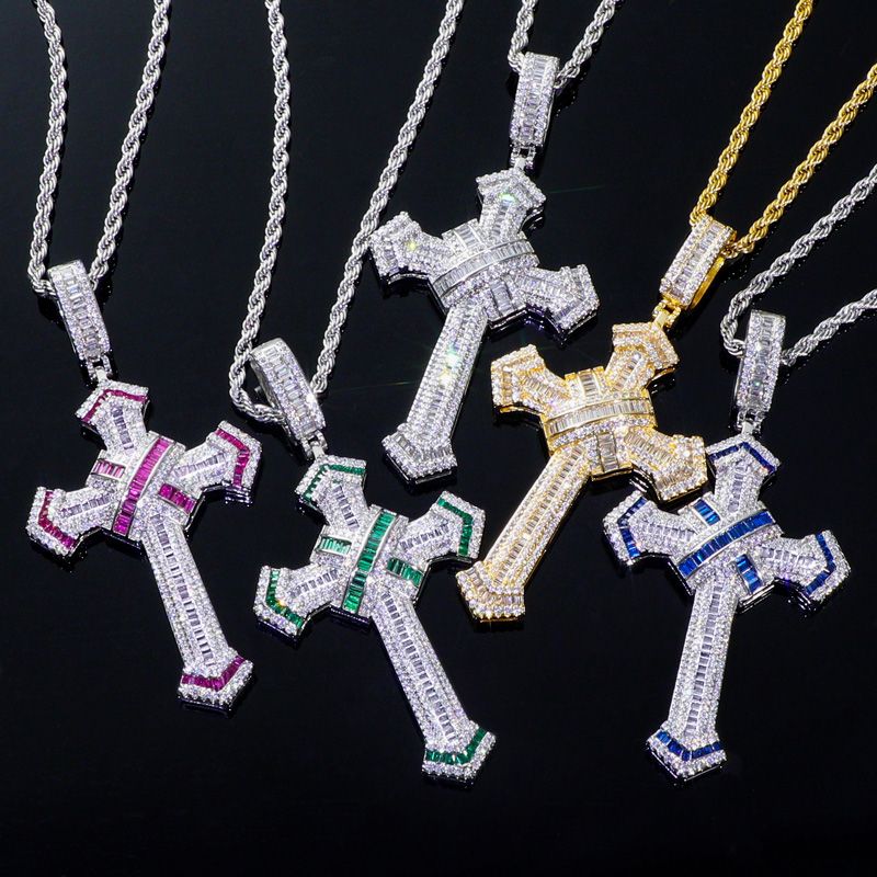 Iced Out Baguette Cut Cross Pendant In White Gold-emerald/blue/red/white
