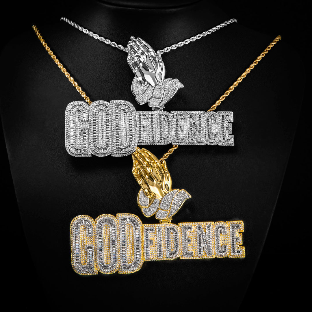 Baguette Praying Hands God Fidence Pendant Gold With Street Luxury Shine