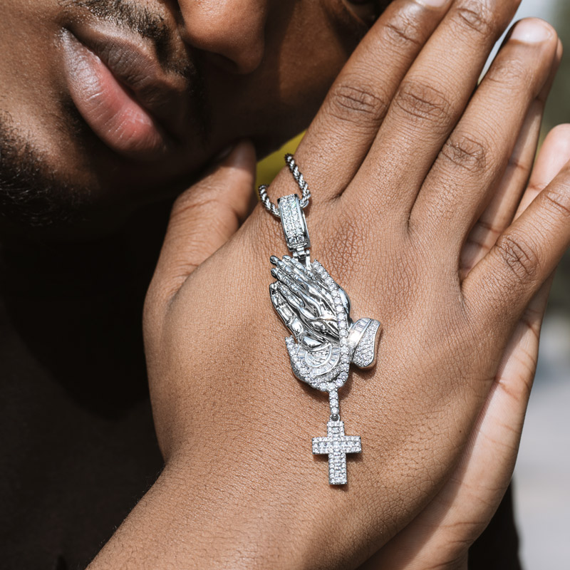 Iced Out Praying Hands Holding Tennis Chain Cross Pendant Gold - Image 3