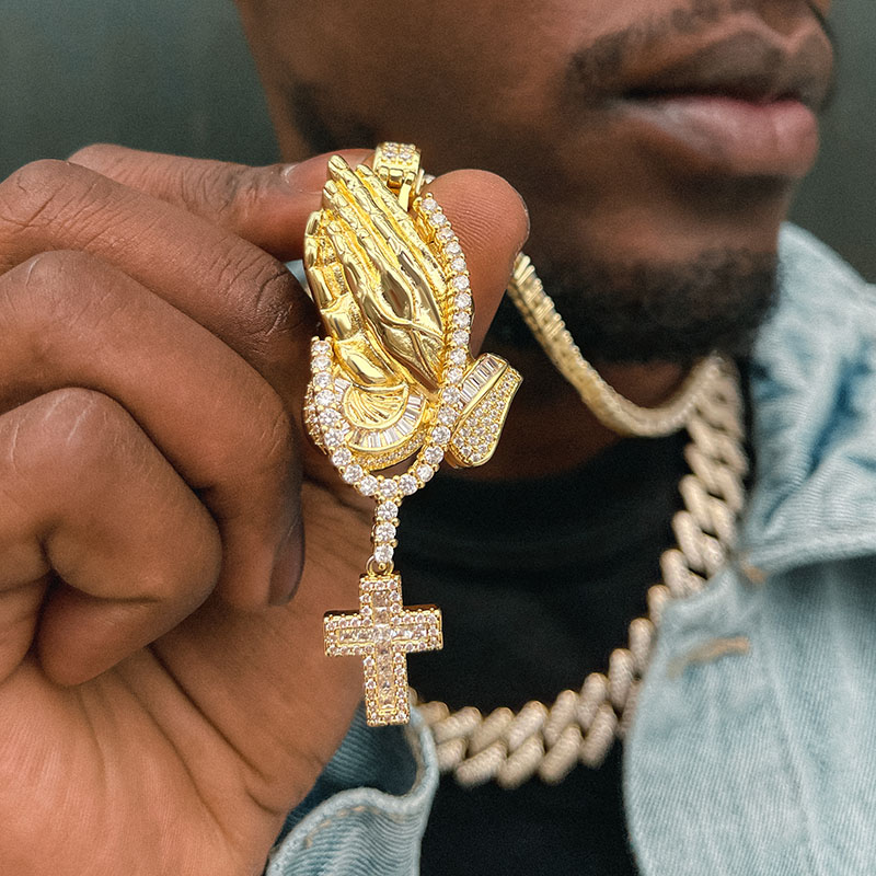 Iced Out Praying Hands Holding Tennis Chain Cross Pendant Gold - Image 4