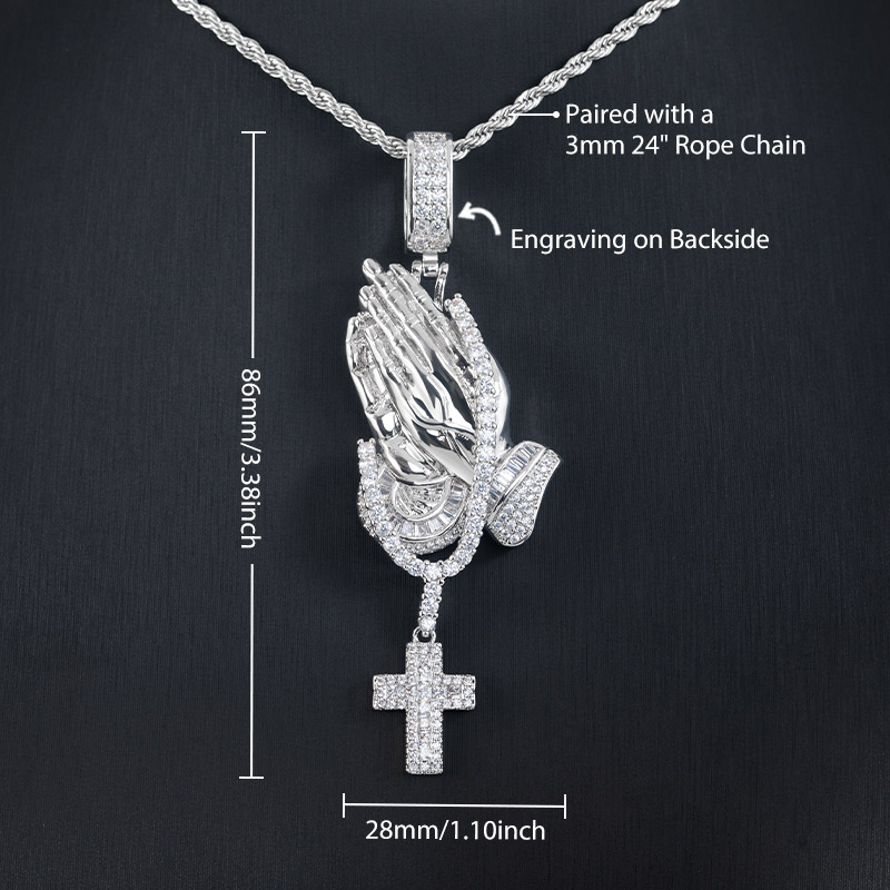 Iced Out Praying Hands Holding Tennis Chain Cross Pendant Gold - Image 5
