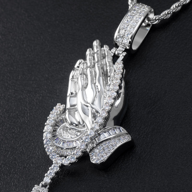 Iced Out Praying Hands Holding Tennis Chain Cross Pendant Gold - Image 6