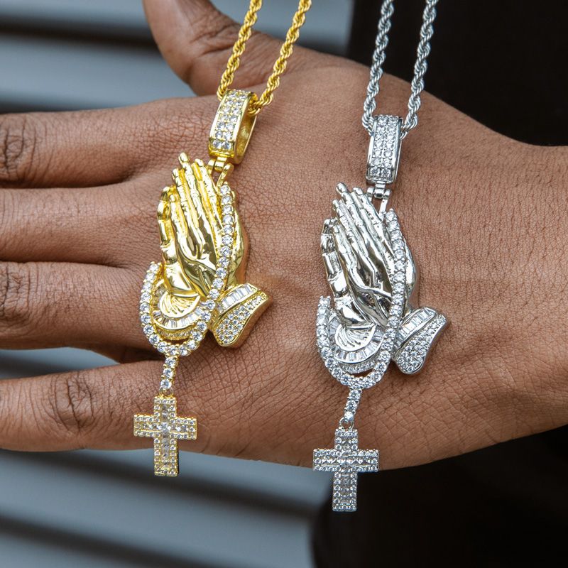 Iced Out Praying Hands Holding Tennis Chain Cross Pendant Gold