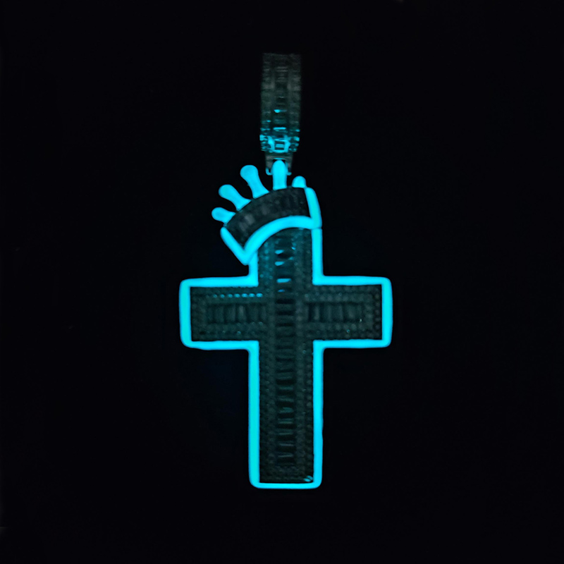 Glow In The Dark Baguette Crown Cross Pendant Gold With Street Luxury Shine - Image 3