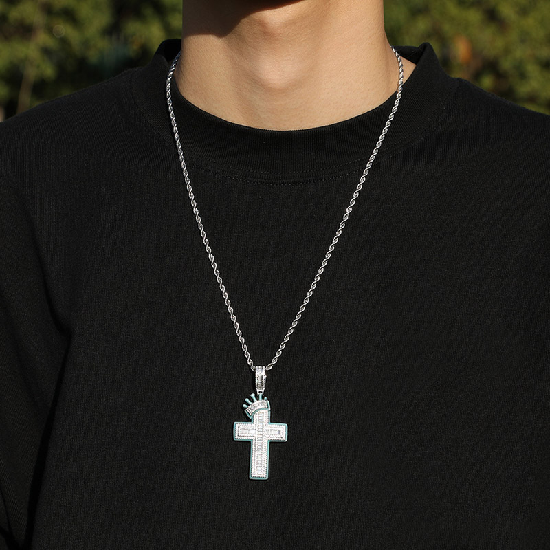 Glow In The Dark Baguette Crown Cross Pendant Gold With Street Luxury Shine - Image 4