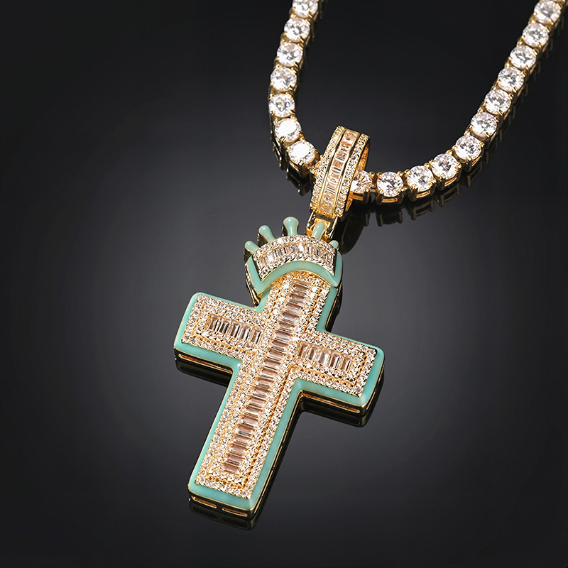 Glow In The Dark Baguette Crown Cross Pendant Gold With Street Luxury Shine - Image 6
