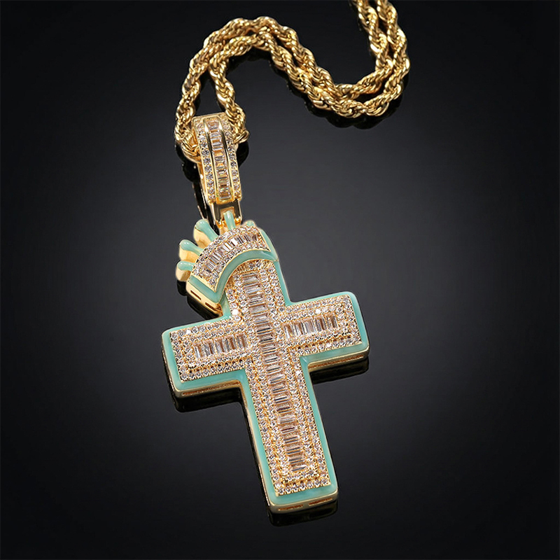 Glow In The Dark Baguette Crown Cross Pendant Gold With Street Luxury Shine - Image 7