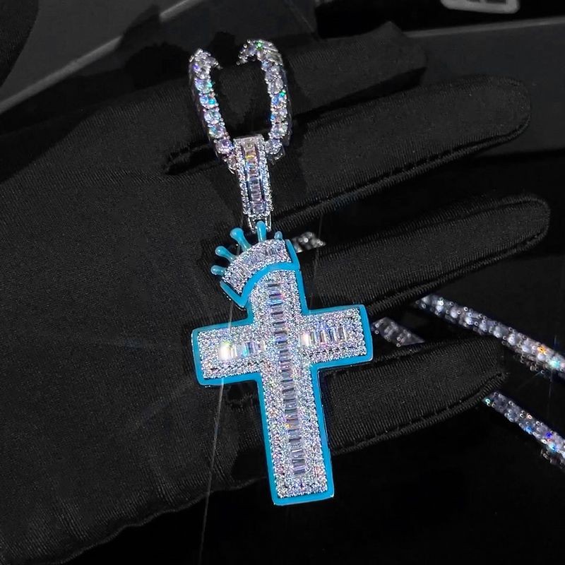 Glow In The Dark Baguette Crown Cross Pendant Gold With Street Luxury Shine